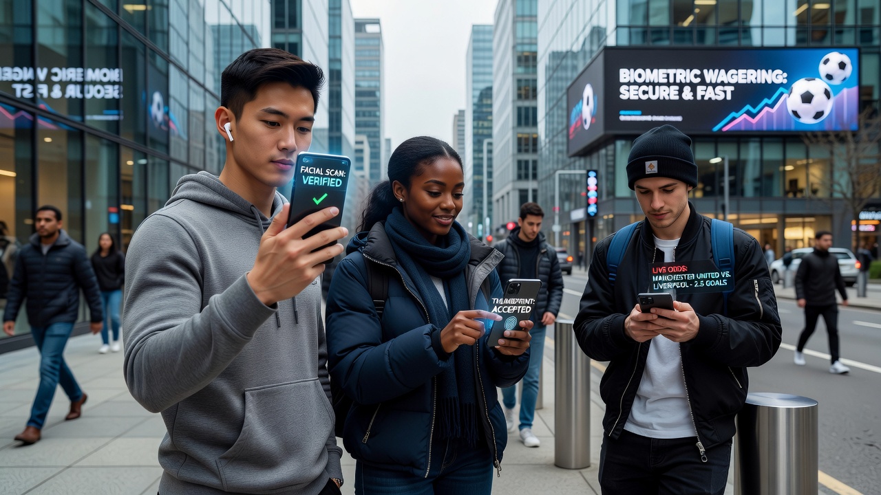 Close-up of biometric login screen on a handheld device during a live football match in an urban environment