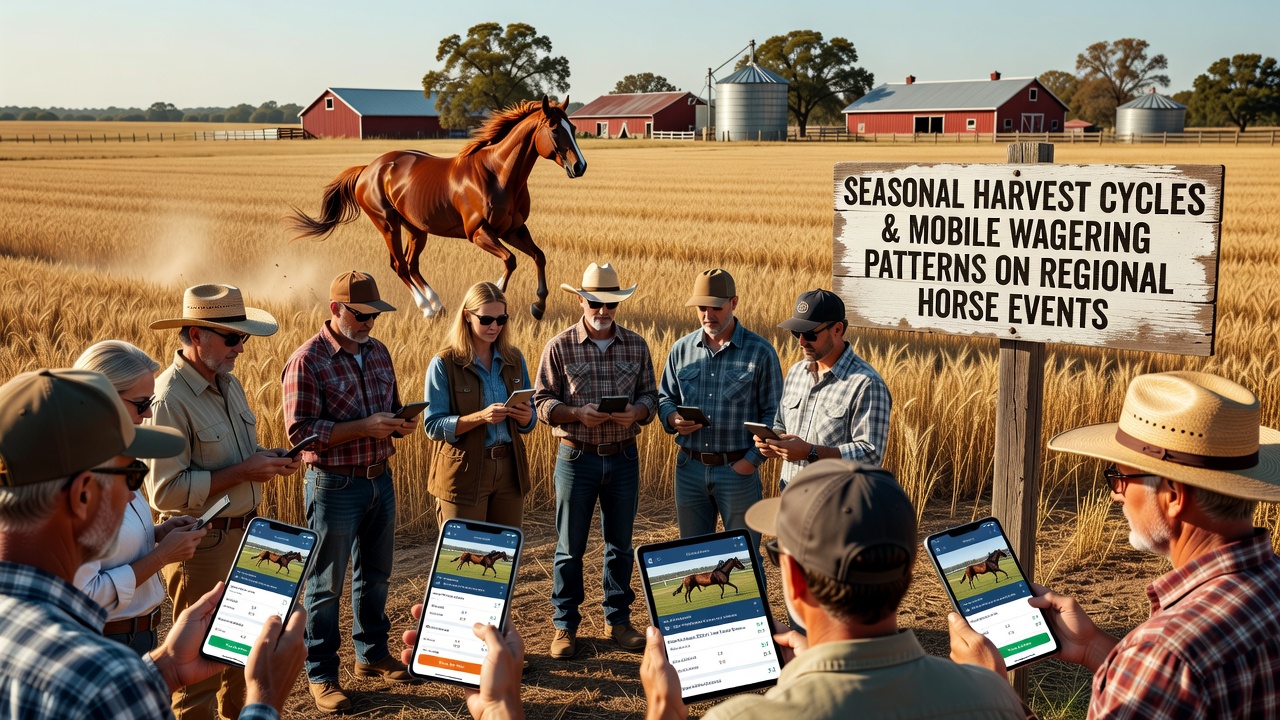 Farmers checking mobile devices near a regional horse racing track during harvest season