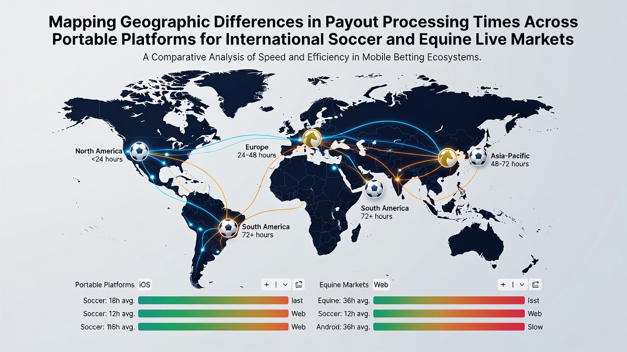 Global map highlighting payout processing variations for mobile soccer and equine betting platforms across regions