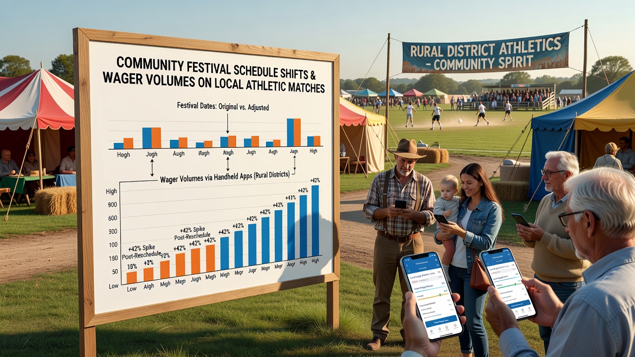 Rural community festival grounds with people gathered near athletic fields during a scheduled event