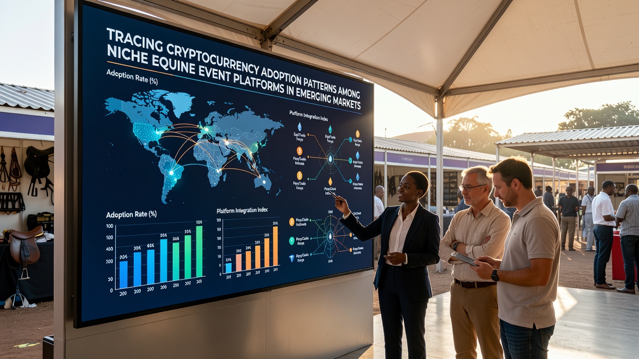Mobile screens showing equine event registration and crypto payment flows in emerging markets